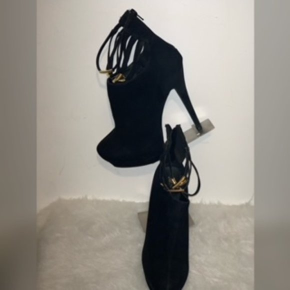 JustFab Shoes - Black Suede Ankle Strap Stiletto Booties